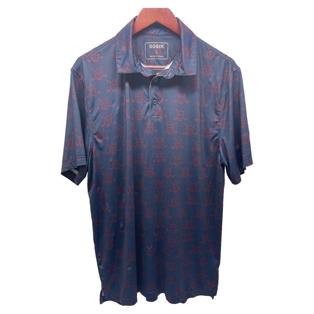 Sosik Mens Large‎ Blue With Red Skull Golf Club Pattern Athletic Golf Polo Shirt